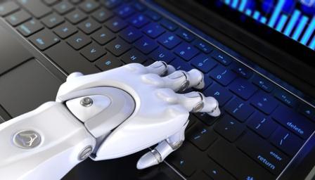 Robot's hand types on keyboard. 3D illustration